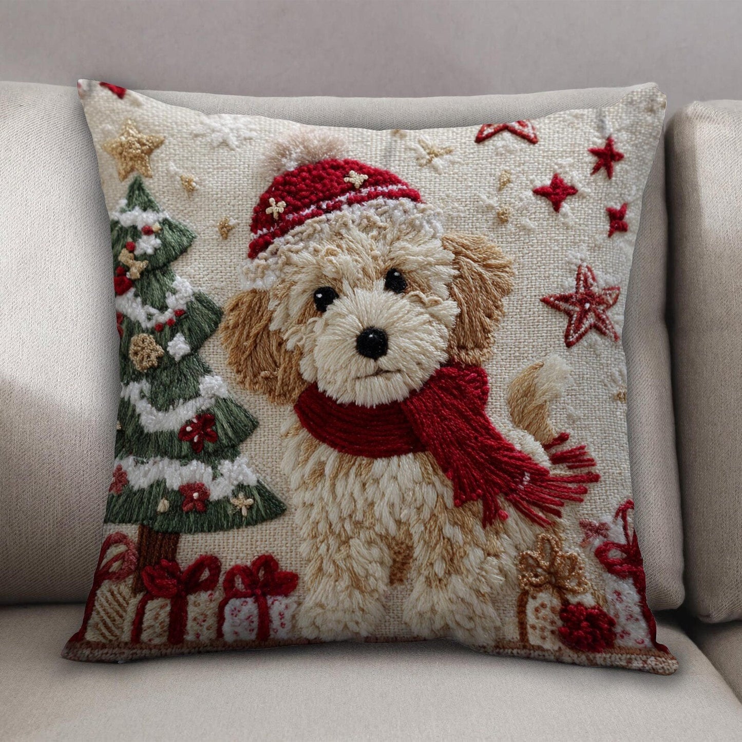 Christmas Cockapoo Embroidered Pillow